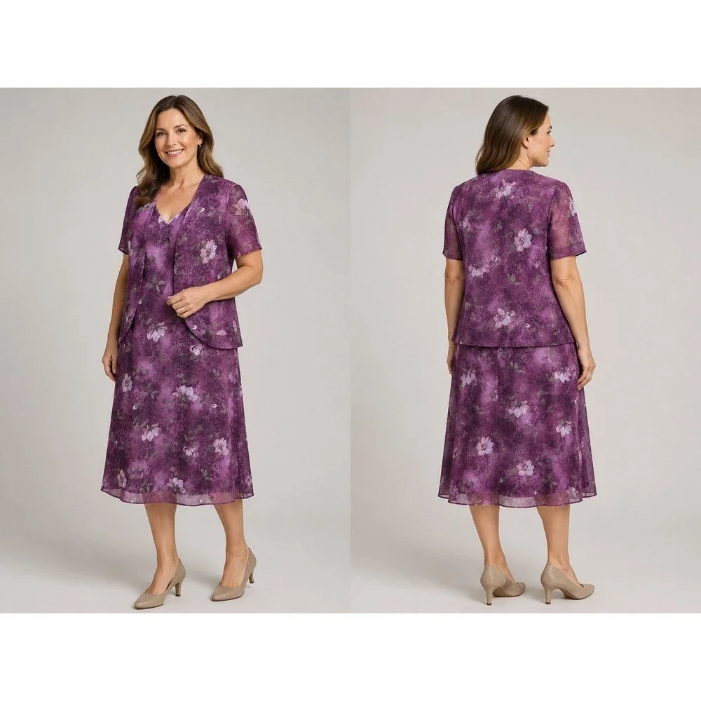 S.L. Fashions Purple Sz 12 Floral Jacket Dress 2 Piece Women Midi Chiffon Formal